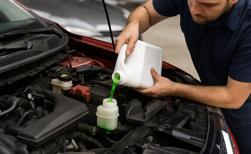 تصویر واقعگرایانه از مکانیکی که در حال ریختن ضدیخ سبز در رادیاتور خودروی پراید با کاپوت باز است، در محیط تعمیرگاه با نور طبیعی روز.