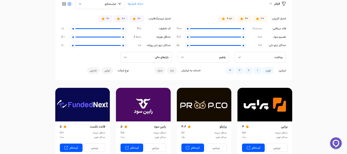 صفحه پراپ‌فرم‌ها در تریدینگ فایندر
