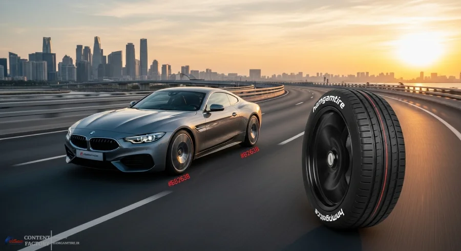 یک خودروی لوکس در حال حرکت بر روی جاده‌ای مدرن در غروب آفتاب، با لوگوی درخشان hamgamtire به رنگ #B82638 بر روی لاستیک‌ها، نمادی از سرعت و ایمنی.