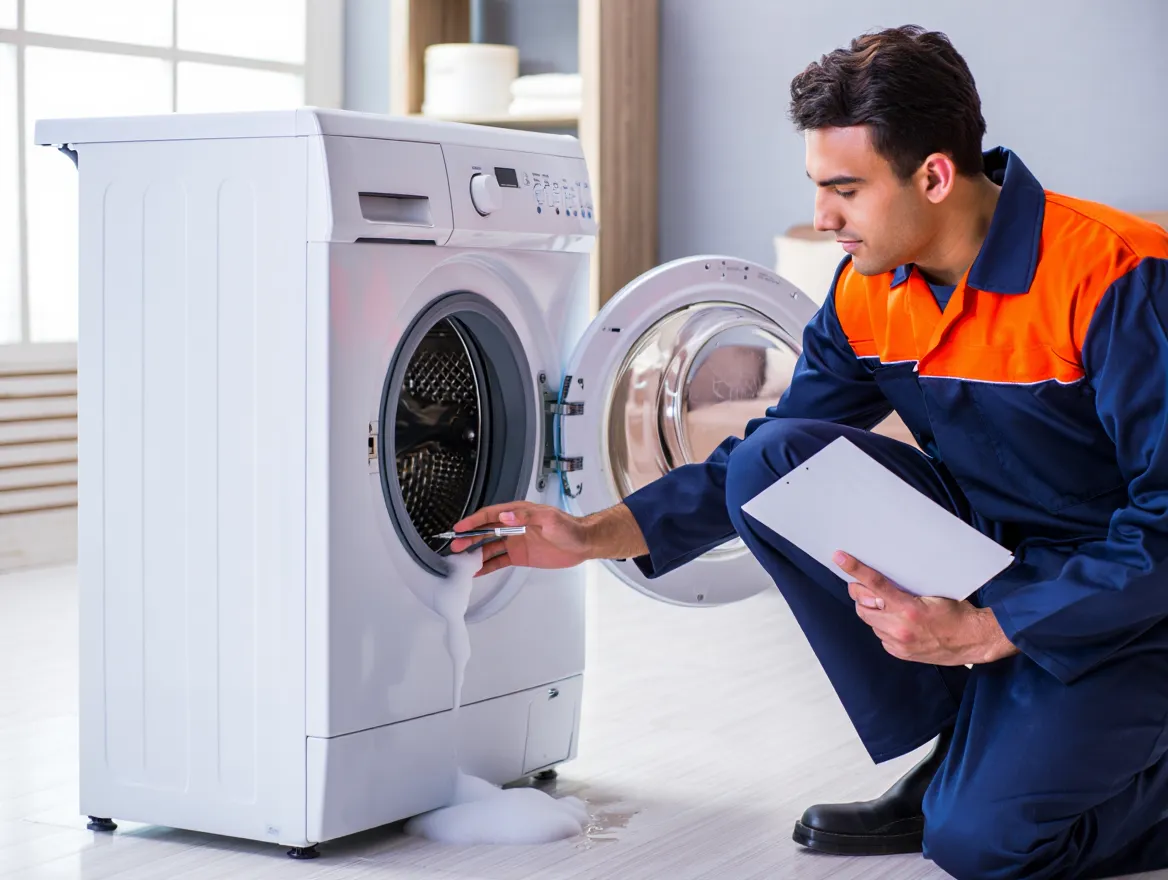 تصویر تکنسین در حال تعمیر لباسشویی ال جی در مشهد