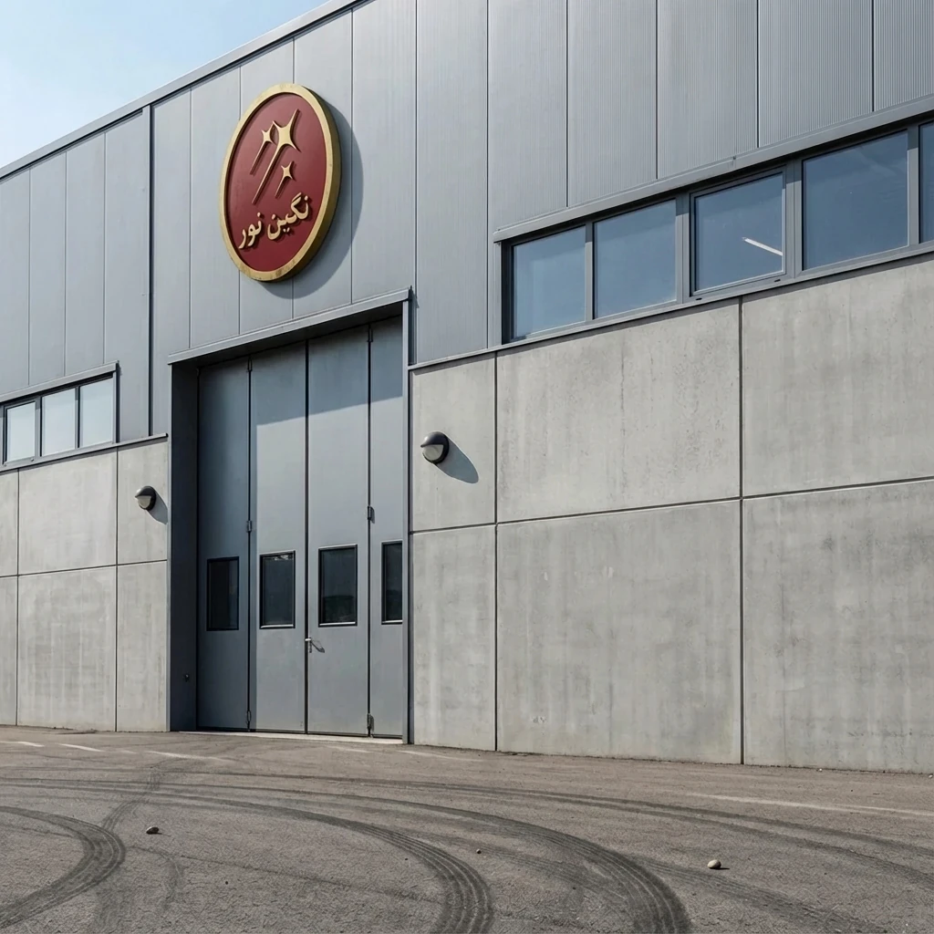نمای بیرونی کارخانه صنایع روشنایی نگین نور با نمای فلزی و بتنی خاکستری، در ورودی بزرگ صنعتی و لوگوی نگین نور روی دیوار ساختمان.