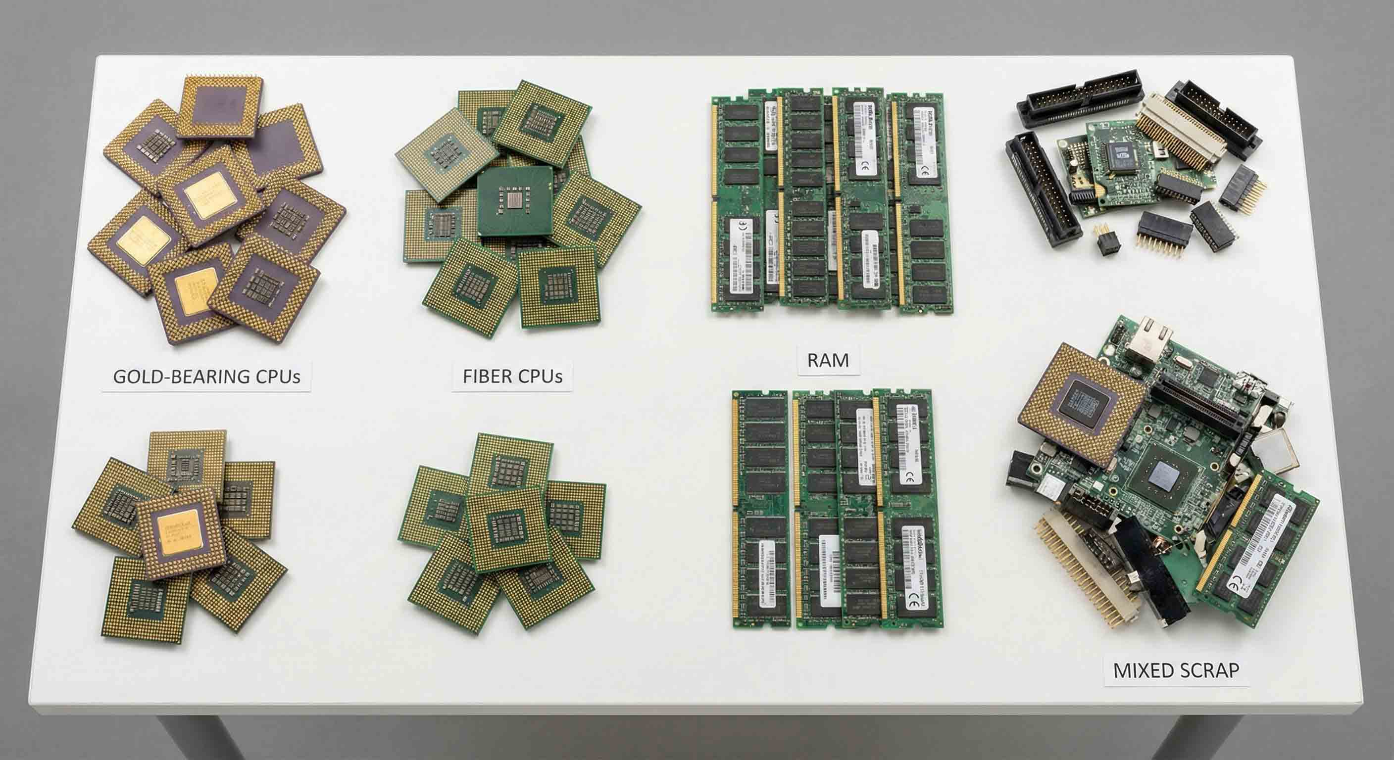 نمایی از انواع سی‌پی‌یوهای سبز و سرامیکی و رم‌های کامپیوتر روی میز کار.