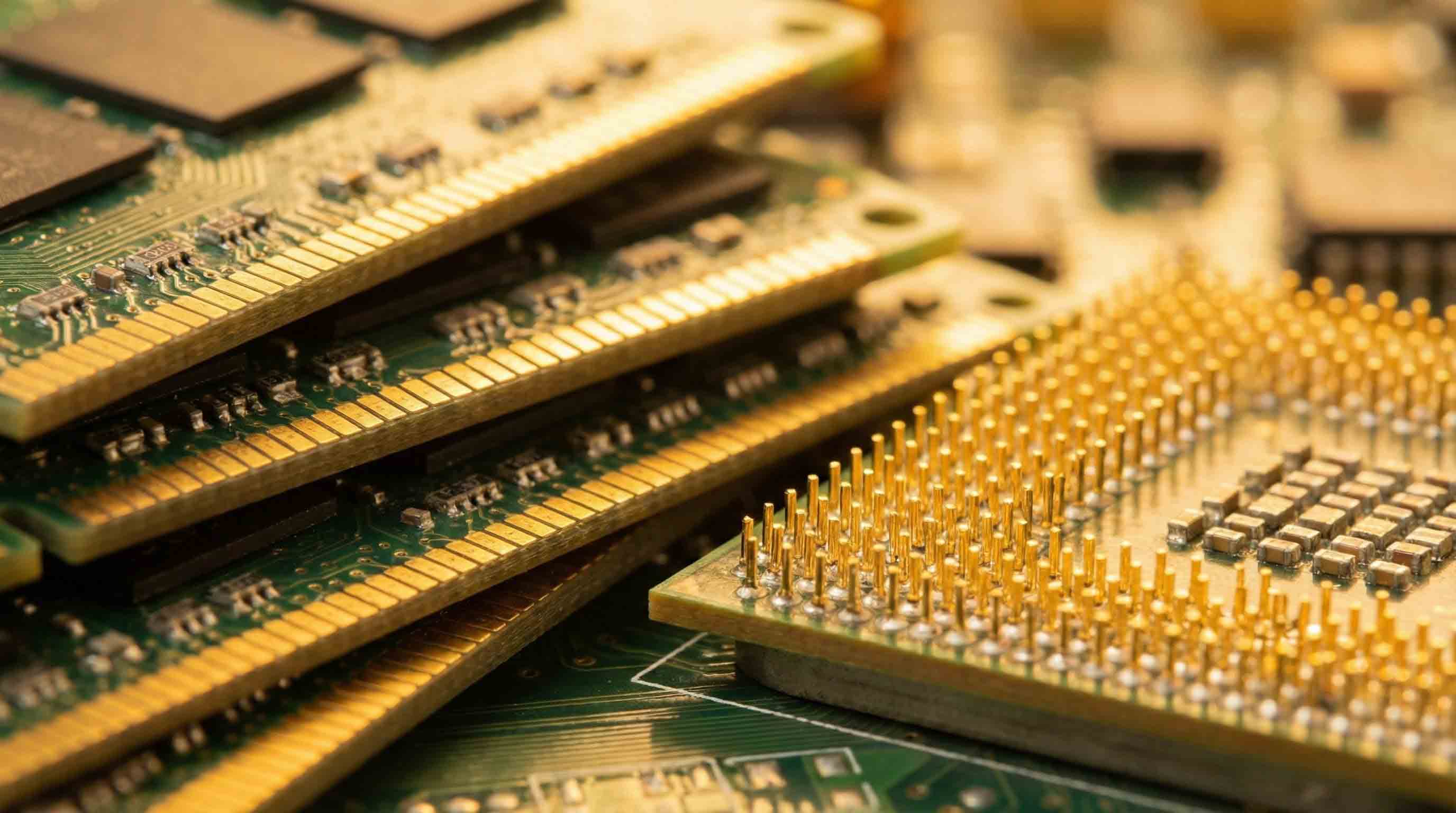 نمای نزدیک از پین‌های طلایی رم و پایه‌های سی پی یو قدیمی که ارزش بازیافت دارند