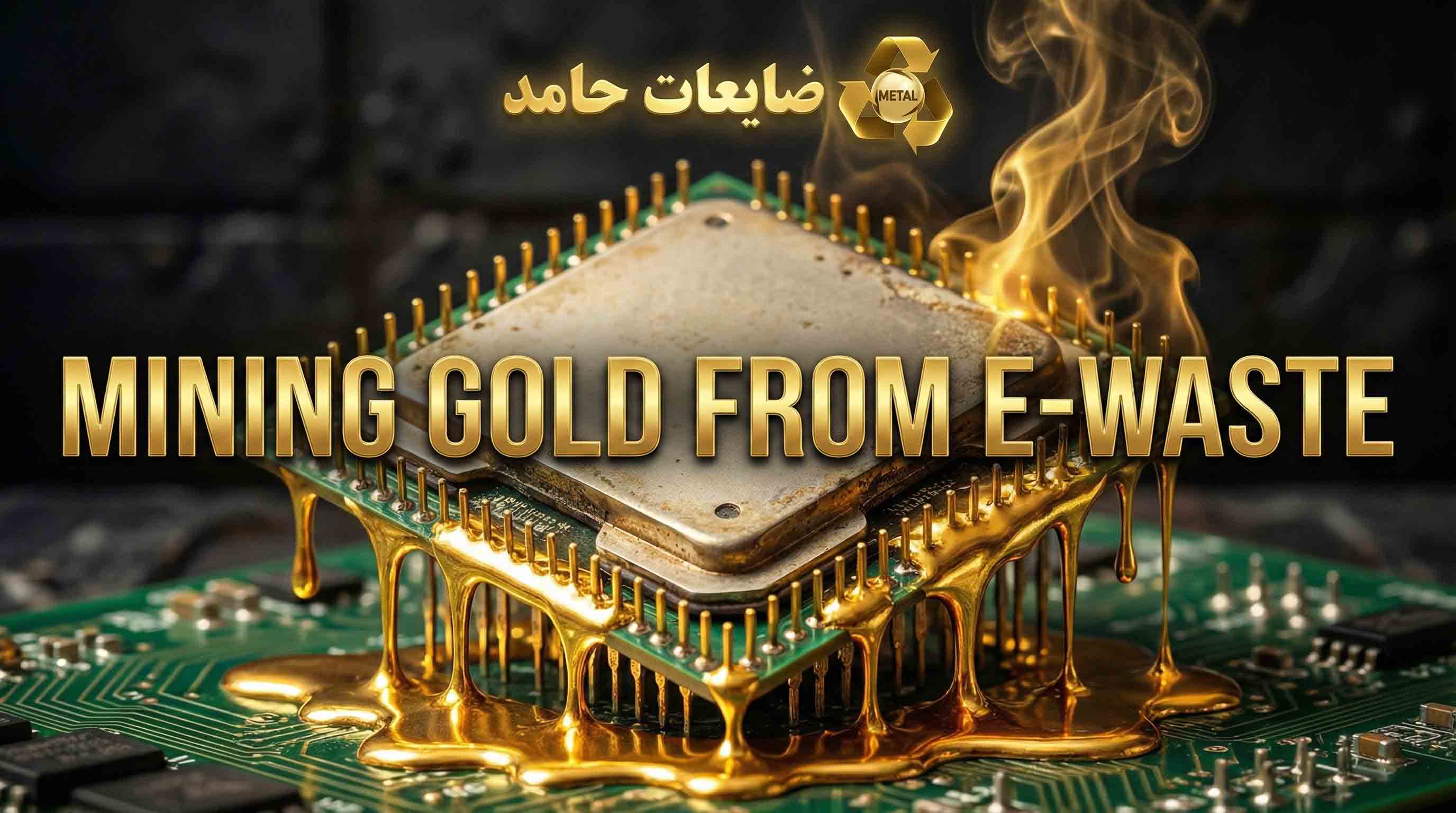تصویری که نشان‌دهنده وجود طلا در قطعات کامپیوتری است. ترکیبی از تکنولوژی و طلا.