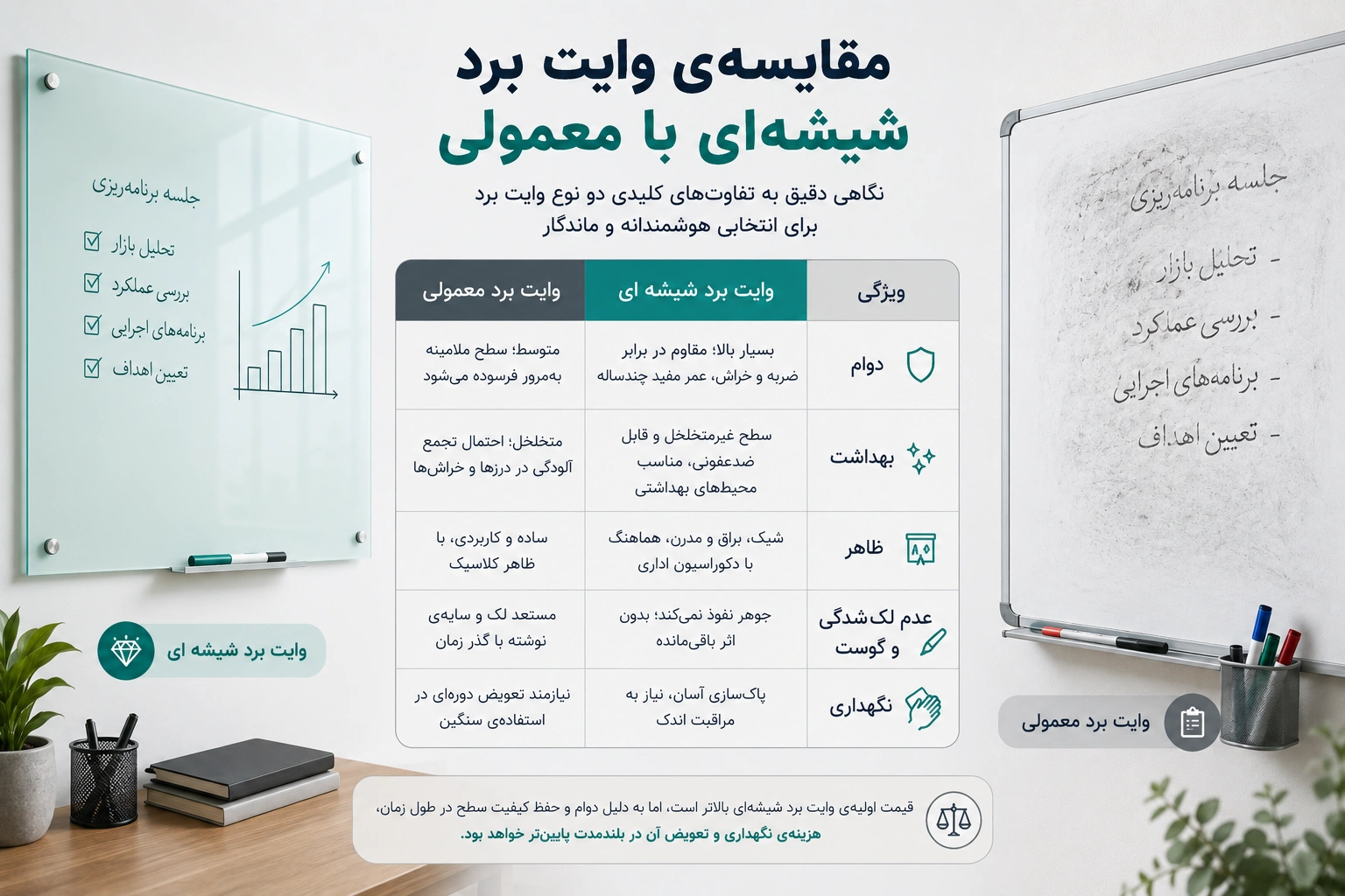 مقایسه‌ی وایت برد شیشه‌ ای با وایت برد معمولی