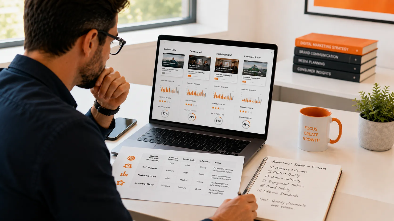 Marketing professional evaluating media websites for an advertorial campaign