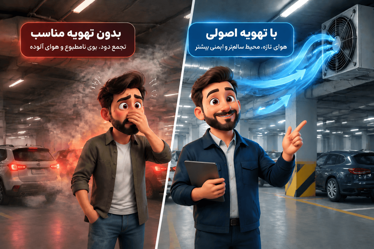 مقایسه تهویه نامناسب و تهویه اصولی پارکینگ با کنترل دود و جریان هوای تازه