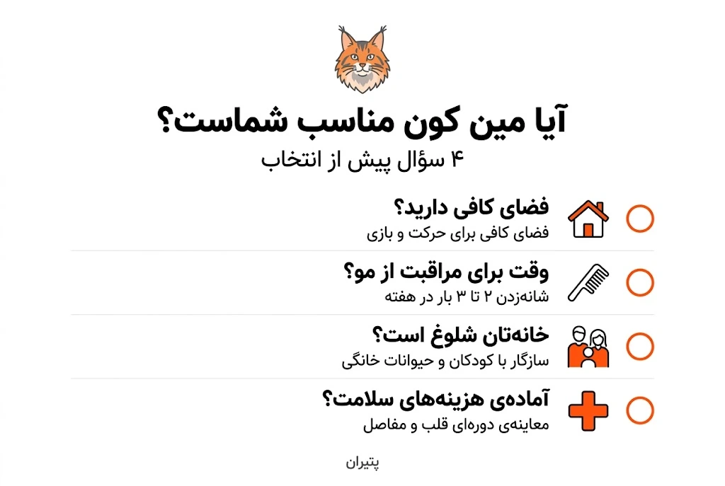 اینفوگرافیک چکلیست انتخاب گربه مین کون: فضا، مراقبت از مو، خانواده و سلامت
