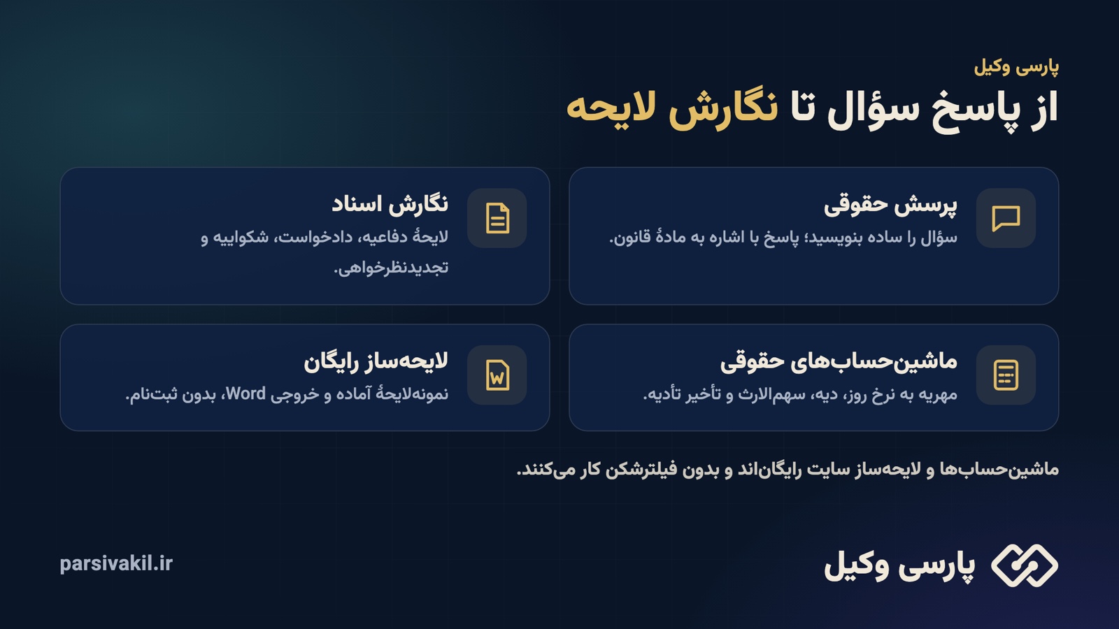 ابزارهای پارسی وکیل؛ پرسش حقوقی، نگارش لایحه، ماشینحسابهای حقوقی و لایحهساز رایگان
